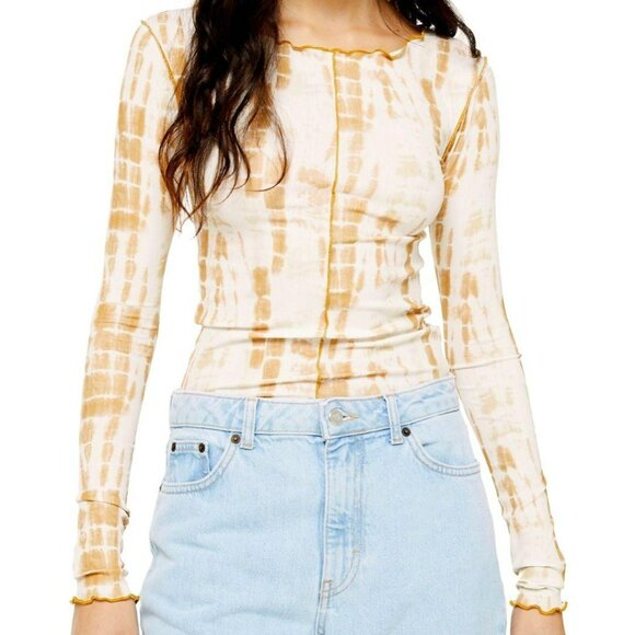 NEW Topshop Second Skin Tie Dye Cream Tan Lettuce Hem Long Sleeve Top US 6 - Picture 2 of 9